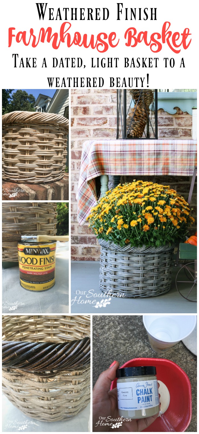 DIY weathered farmhouse basket makeover with a thrift store find with this month's Thrift Store Decor Makeover by Our Southern Home