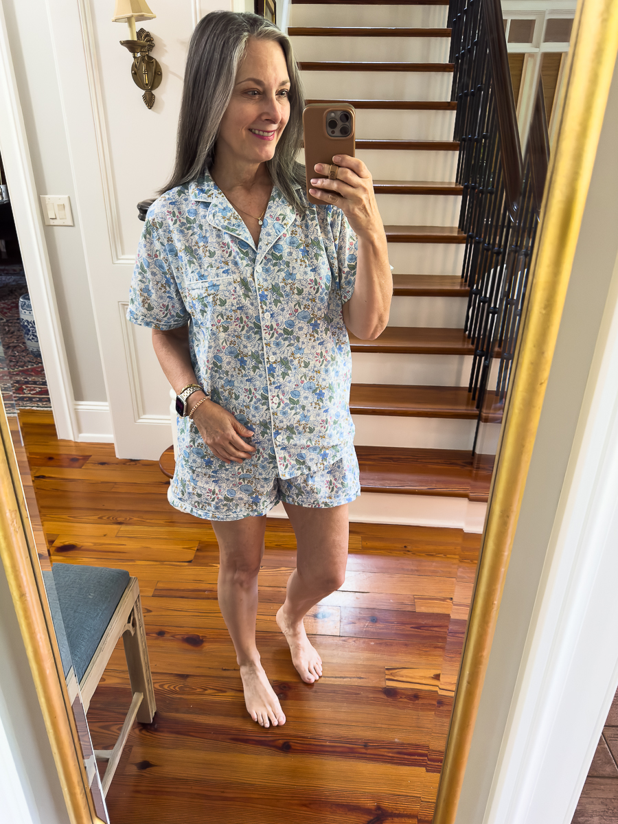 woman in floral short pajamas