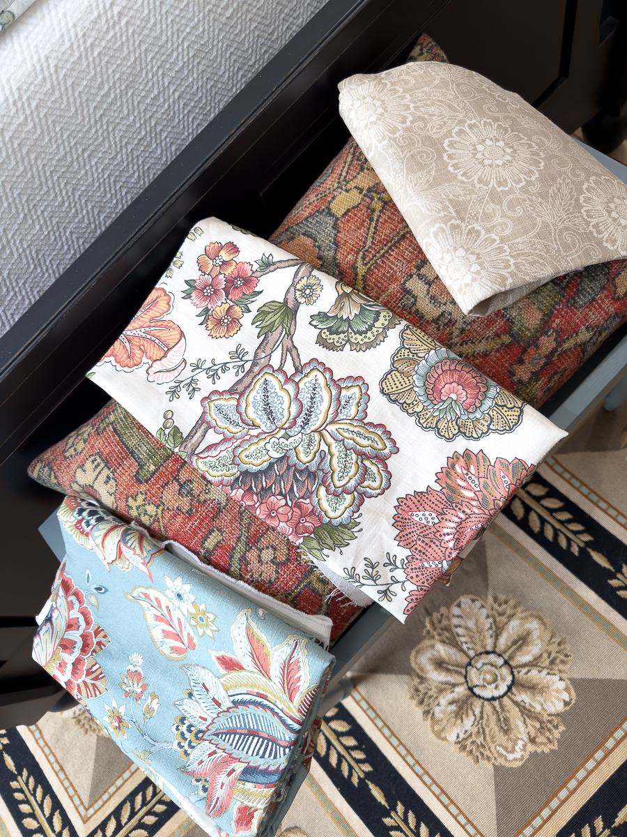 selection of fabric choices for the bench makeover