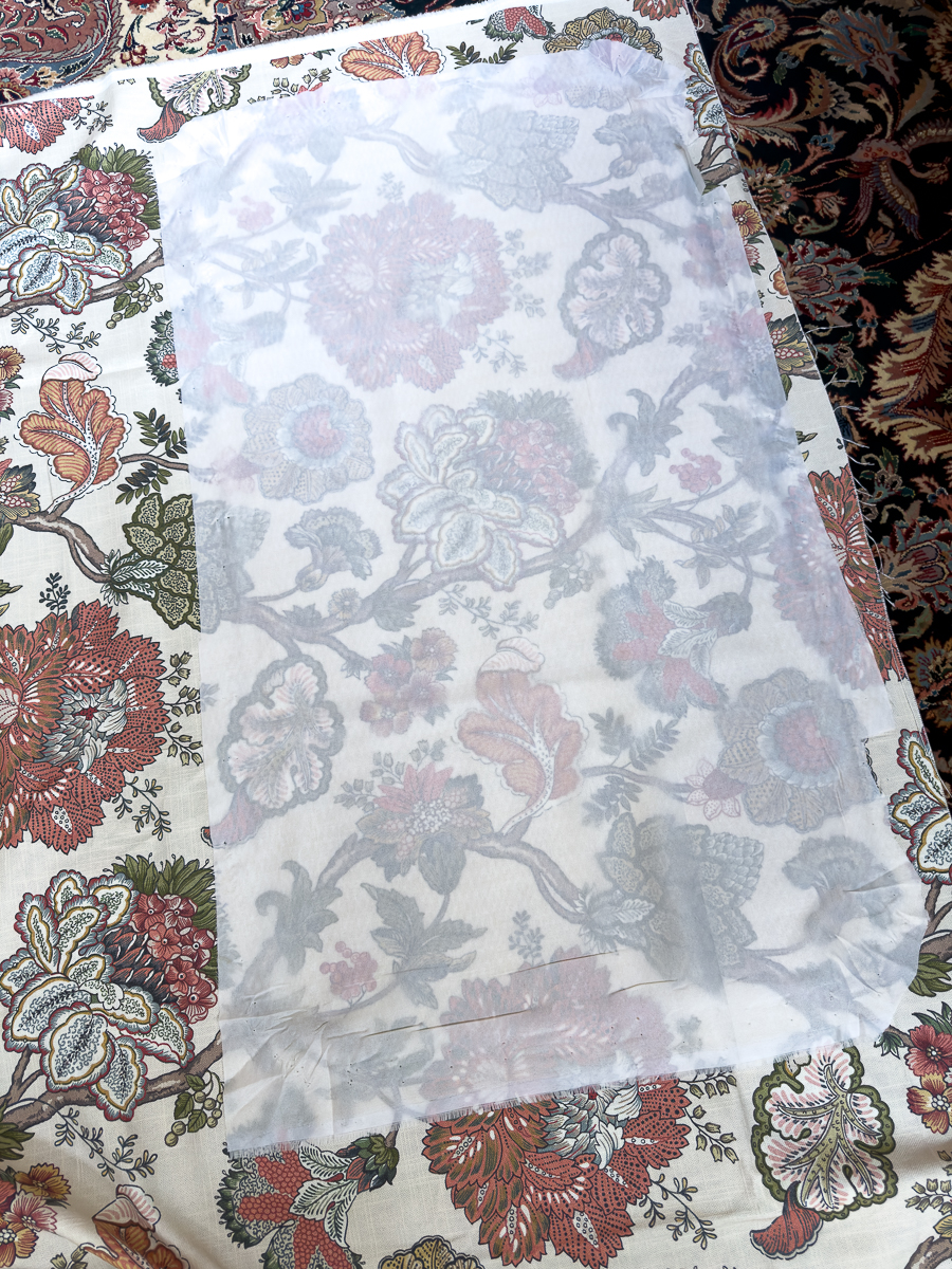cutting floral fabric for piano bench seat cushion