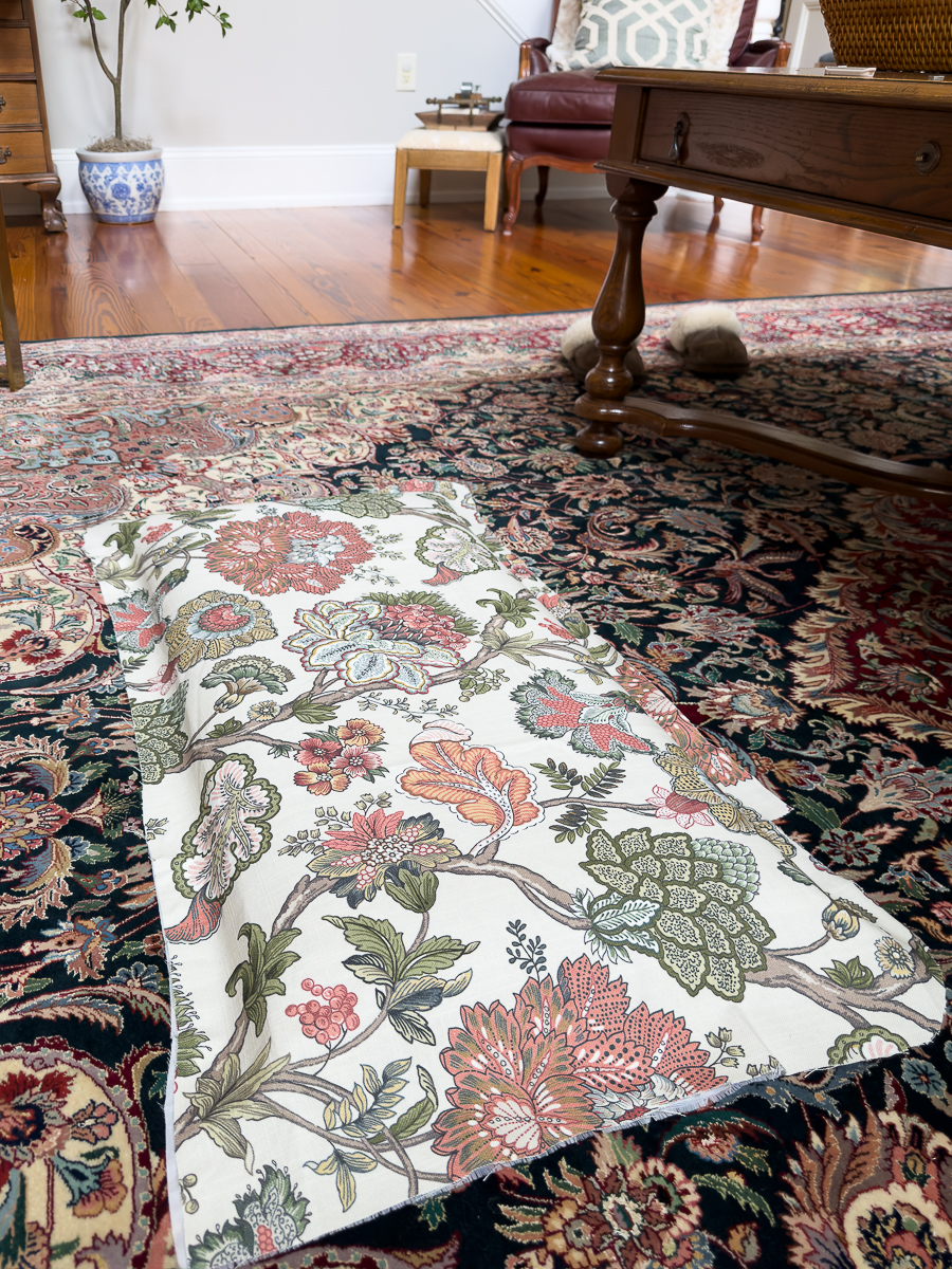 cutting floral fabric for piano bench seat cushion