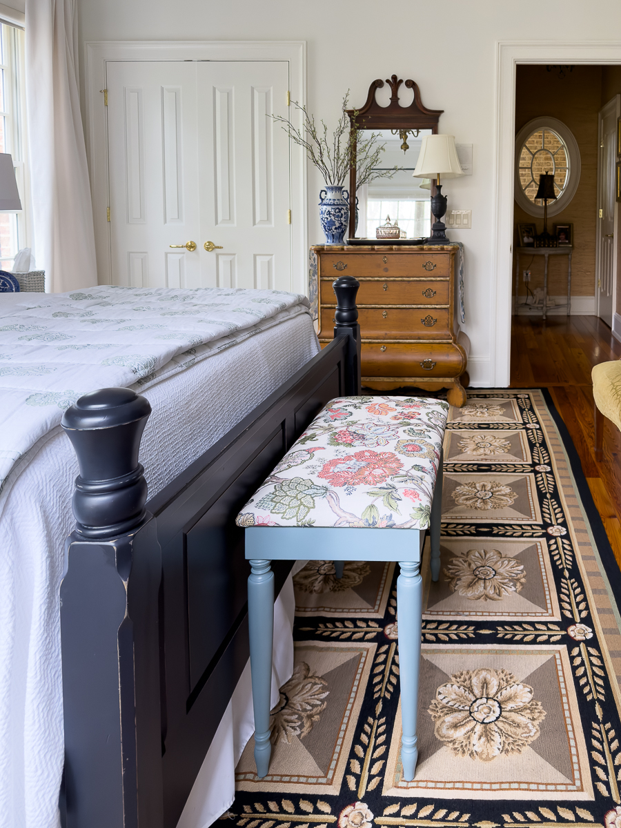 piano bench makeover with sage green paint and floral fabric