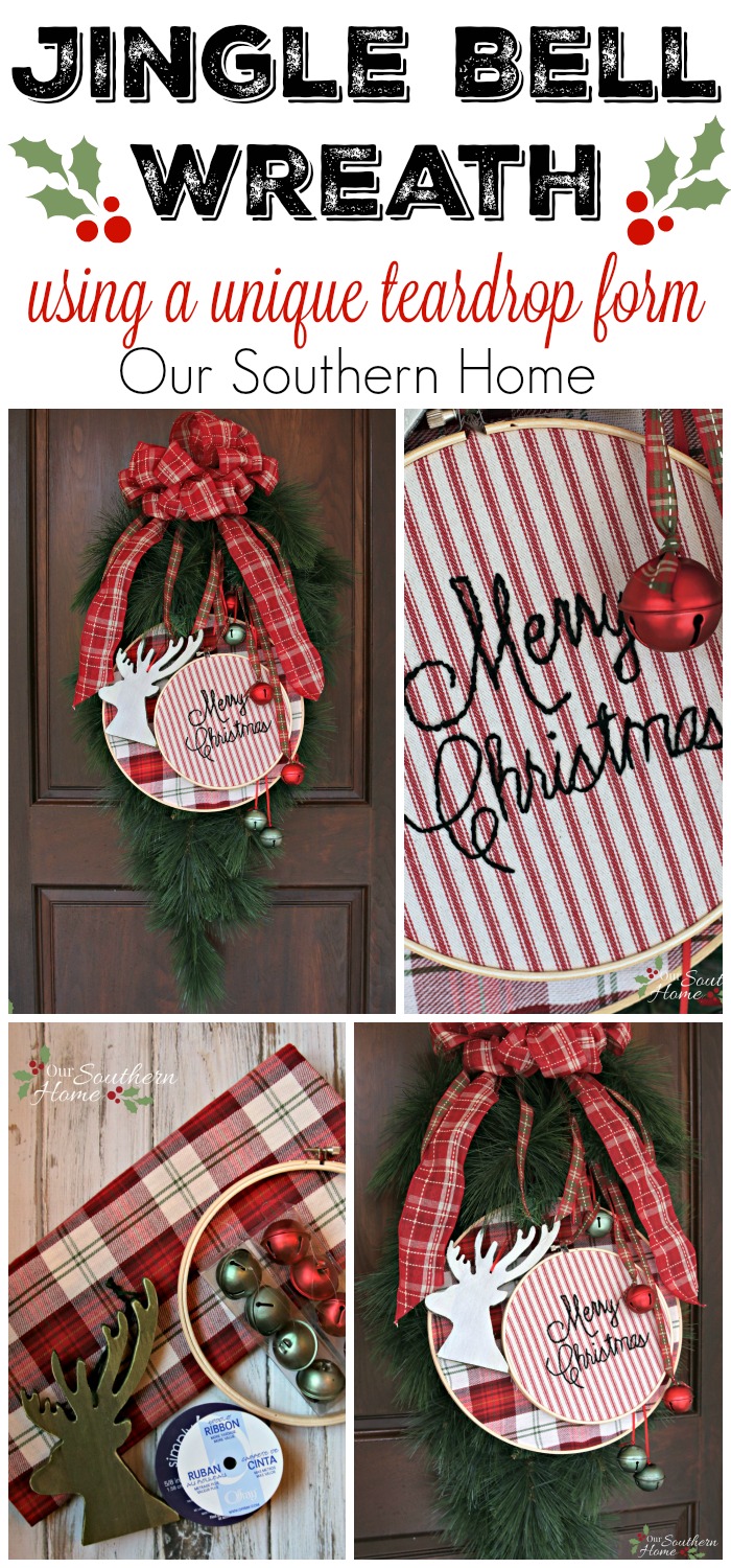 Jingle bell wreath for the #Christmasideastour by Our Southern Home. Anyone can embroider letters! It is so easy!