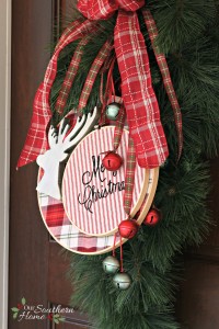 Jingle bell wreath for the #Christmasideastour by Our Southern Home. Anyone can embroider letters! It is so easy!
