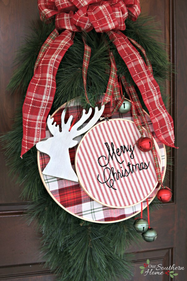 Jingle bell wreath for the #Christmasideastour by Our Southern Home. Anyone can embroider letters! It is so easy!