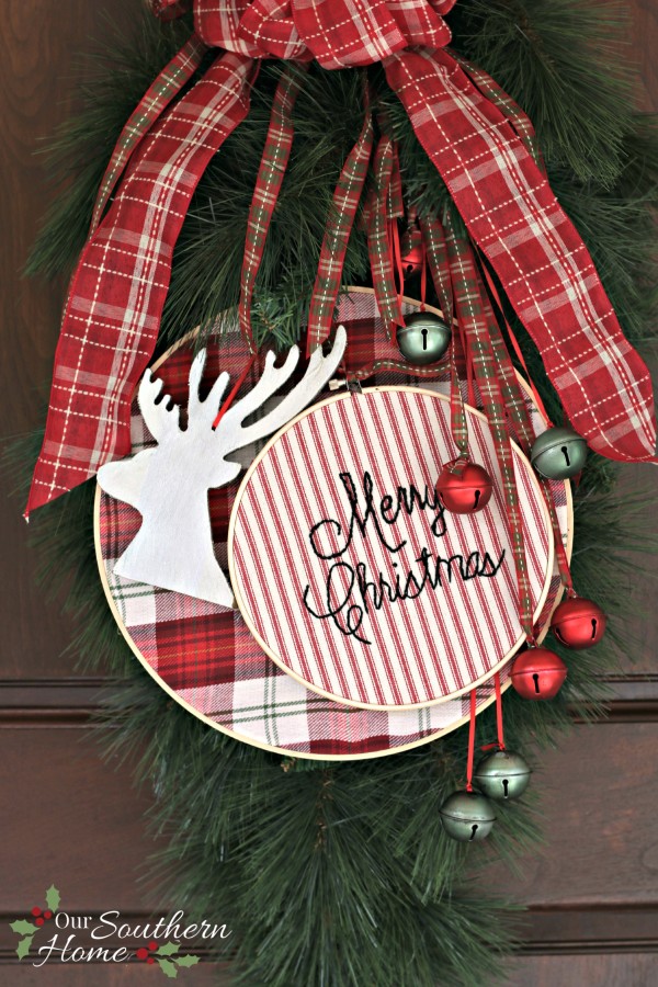 Jingle bell wreath for the #Christmasideastour by Our Southern Home. Anyone can embroider letters! It is so easy!