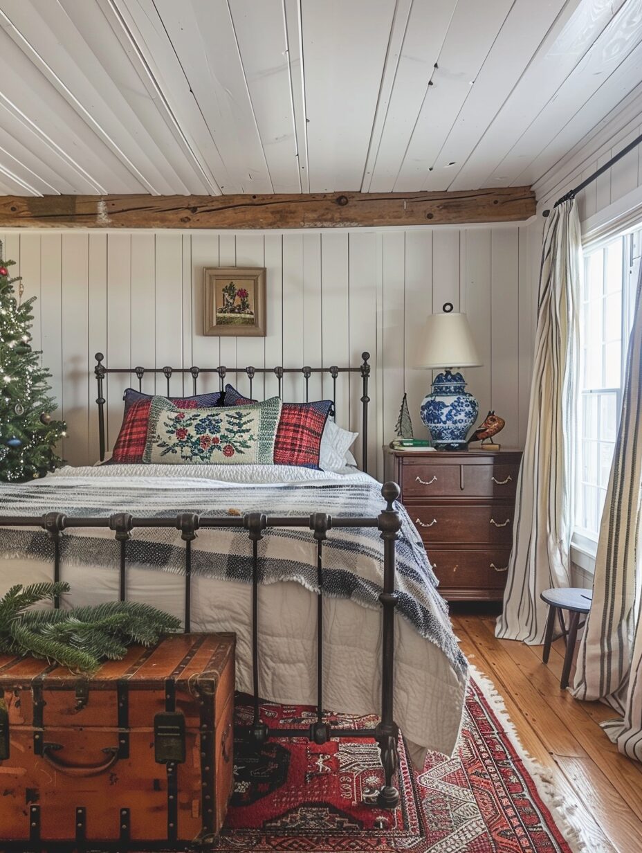 A simple masculine Christmas cottage bedroom with flannel bedding, warm lighting, and subtle holiday decor