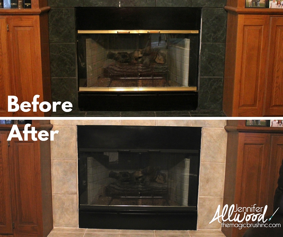 before after of painting brass fireplace trim