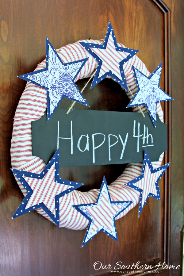 No-sew stars and stripes wreath made with a pool noodle by Our Southern Home