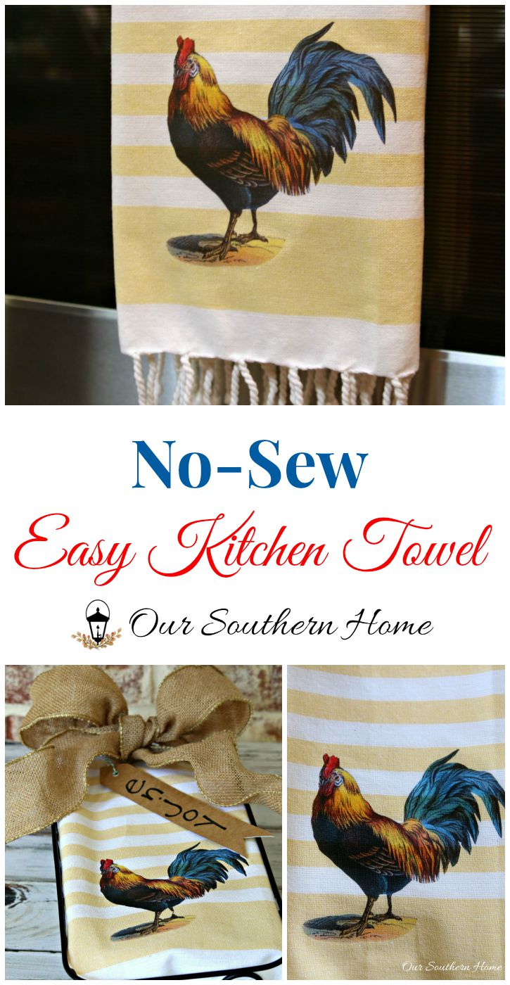 No sew simple rooster kitchen towel using an iron on transfer method. Awesome tutorial via Our Southern Home