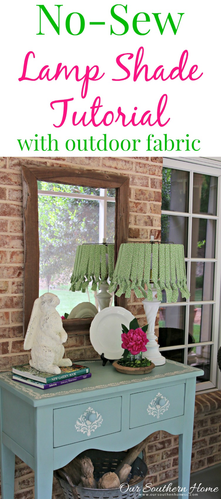 No sew lamp shade with outdoor fabric is a simple way to add home decor to your covered porch by Our Southern Home #nosew