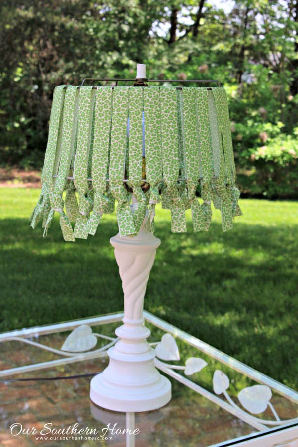 No sew lamp shade with outdoor fabric is a simple way to add home decor to your covered porch by Our Southern Home #nosew