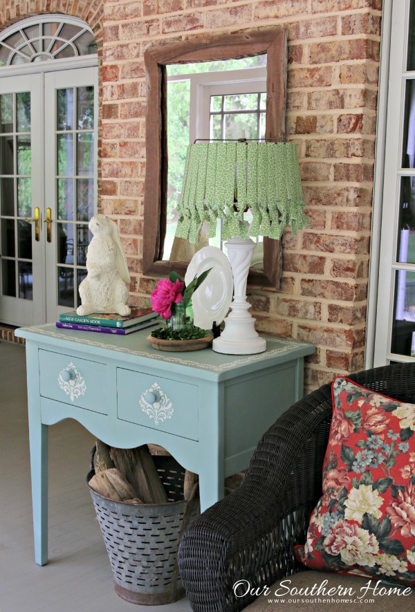 No sew lamp shade with outdoor fabric is a simple way to add home decor to your covered porch by Our Southern Home #nosew