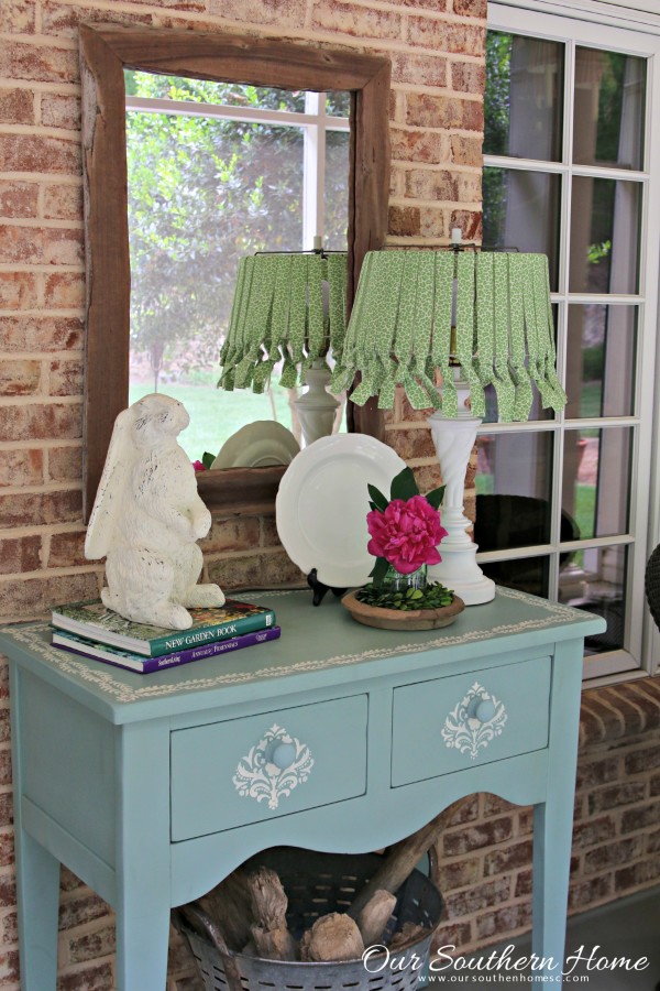 No sew lamp shade with outdoor fabric is a simple way to add home decor to your covered porch by Our Southern Home #nosew