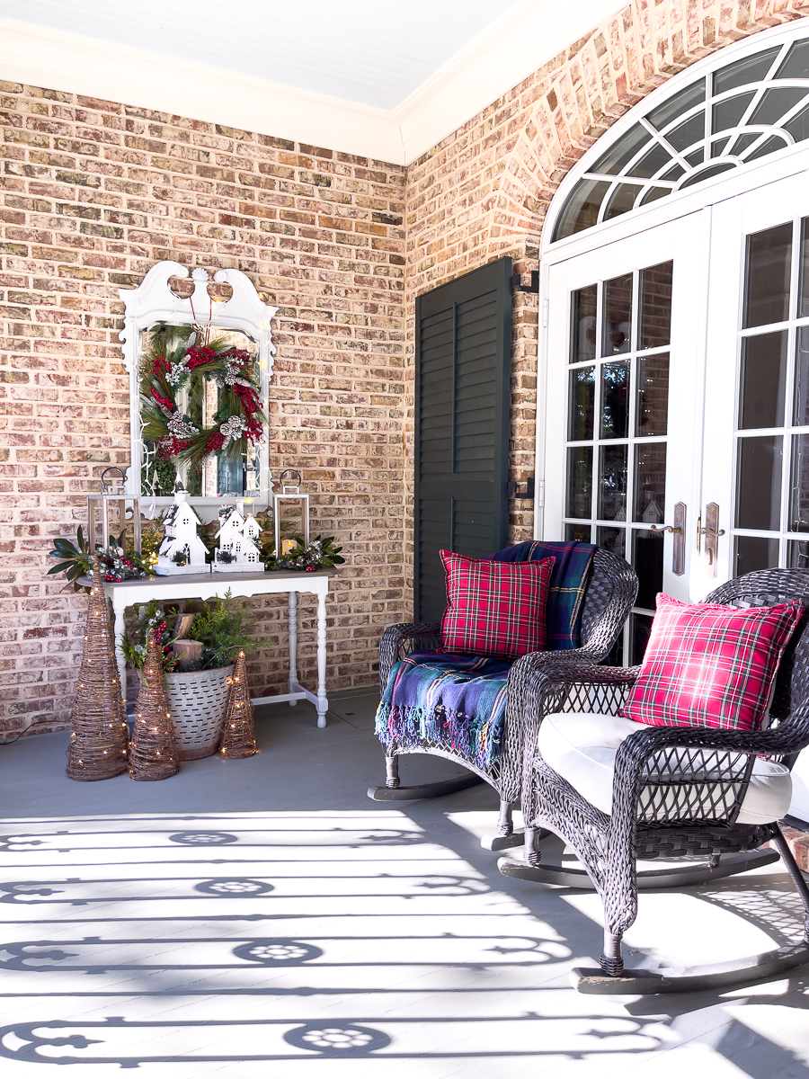 front porch decorated for Christmas