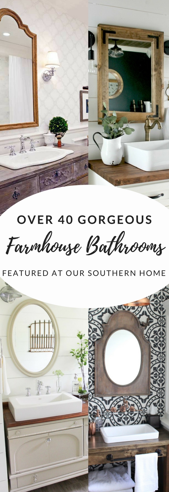 Over 40 gorgeous farmhouse bathroom ideas from the simple makeover to full remodel. There is a little something for every budget. #farmhousebathroom #bathroommakeover #bathroomideas