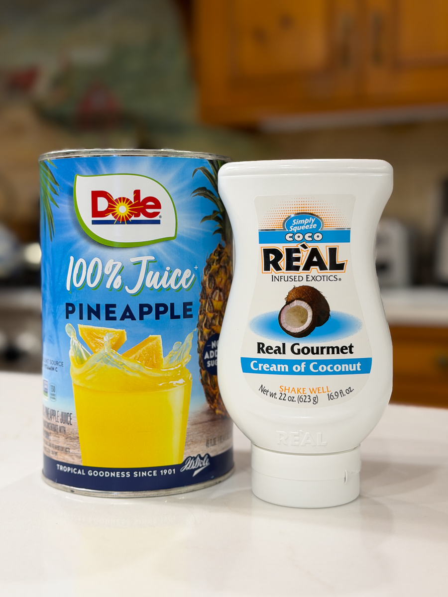 Cream of coconut, pineapple juice, and white rum for homemade piña coladas.