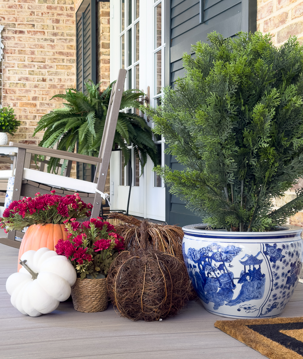up close of fall decor including Chinoiserie pot