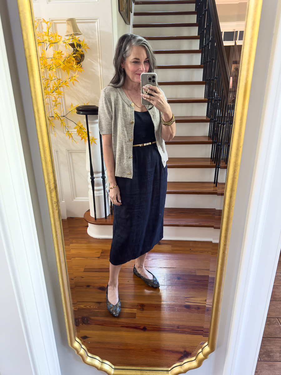 linen dress with cardigan for fall