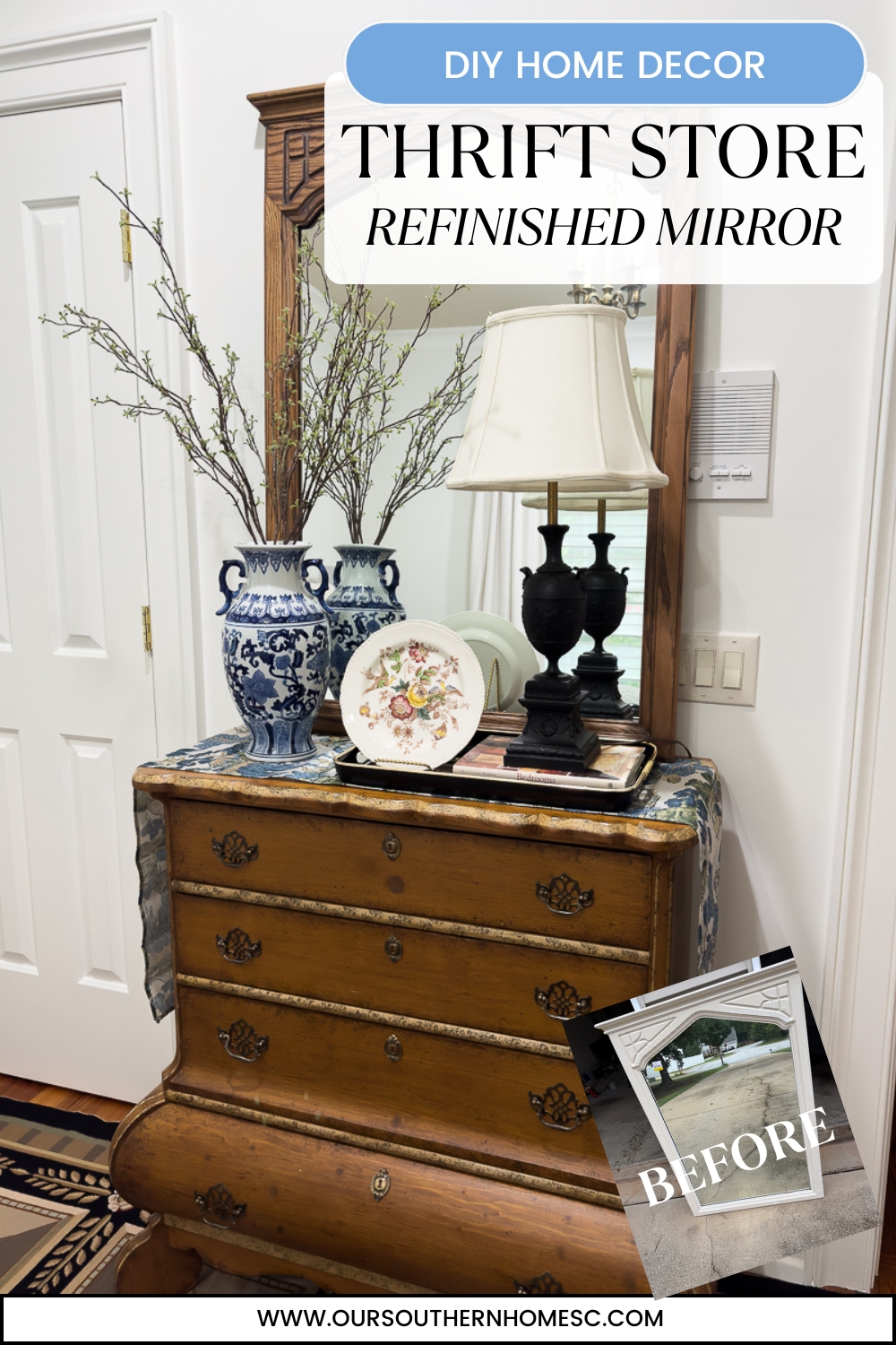 thrifted mirror over a dresser