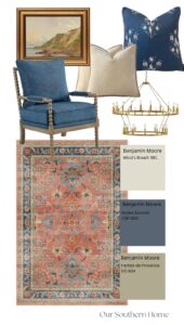 Living room mood board featuring coral vintage-style rug, blue upholstered chair, neutral pillows, brass chandelier, and Benjamin Moore Wind’s Breath paint color