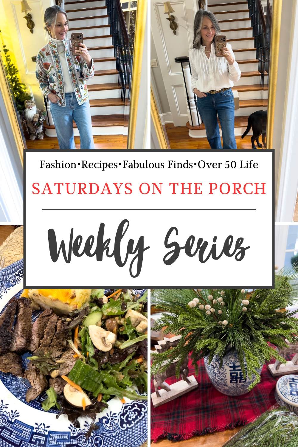 collage of outfits, food and decor