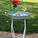 Small outdoor table makeover by our southern home using an old upcycled base and supplies from Walmart #themedfurnituremakeoverday