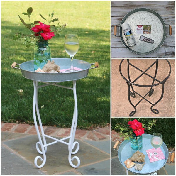 Small outdoor table makeover by our southern home using an old upcycled base and supplies from Walmart #themedfurnituremakeoverday