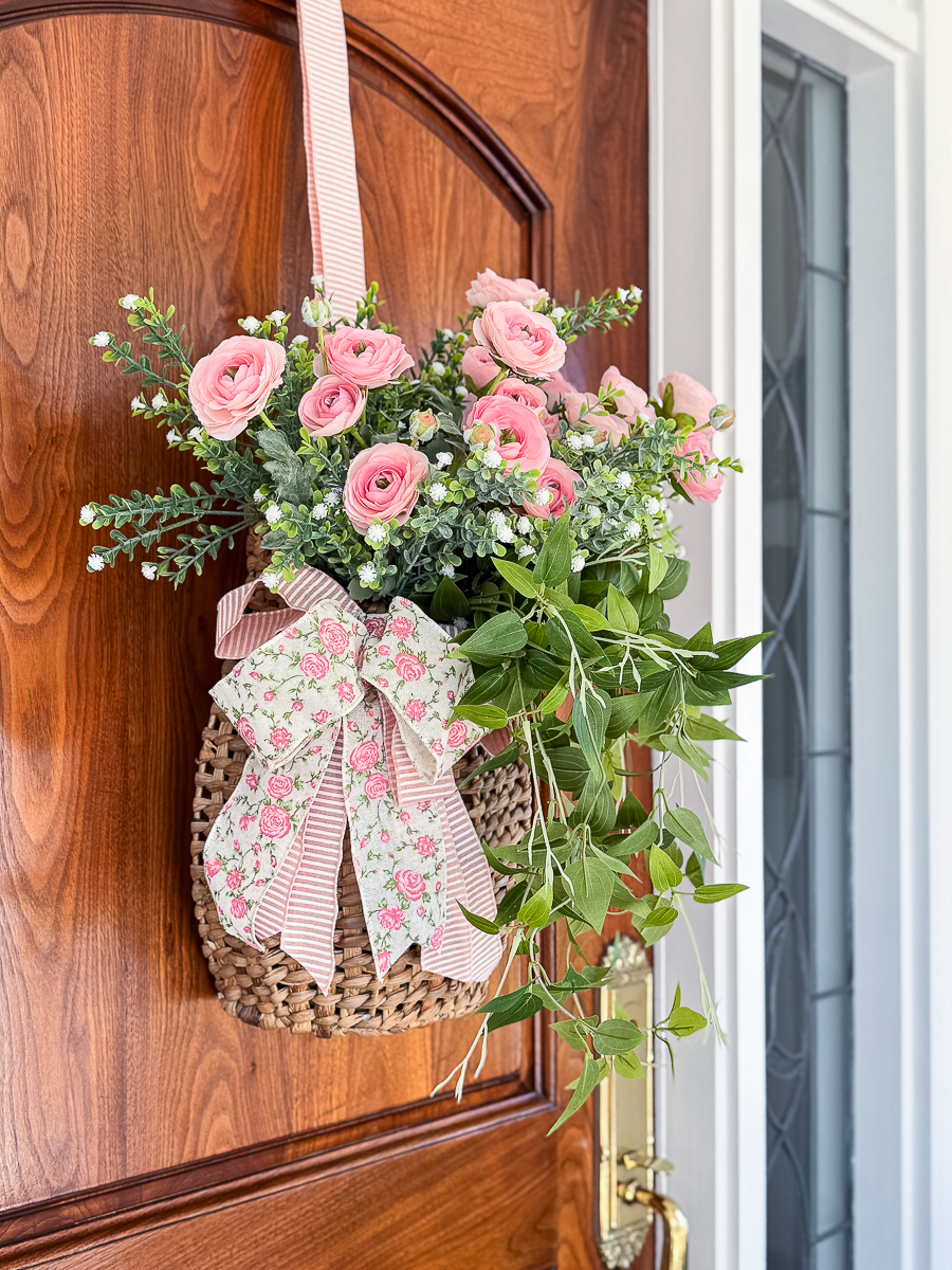 basket wreath with pink flowers