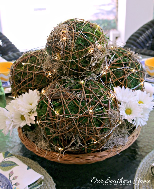 Decorating with string lights: Moss Sphere Tutorial with Our Southern Home