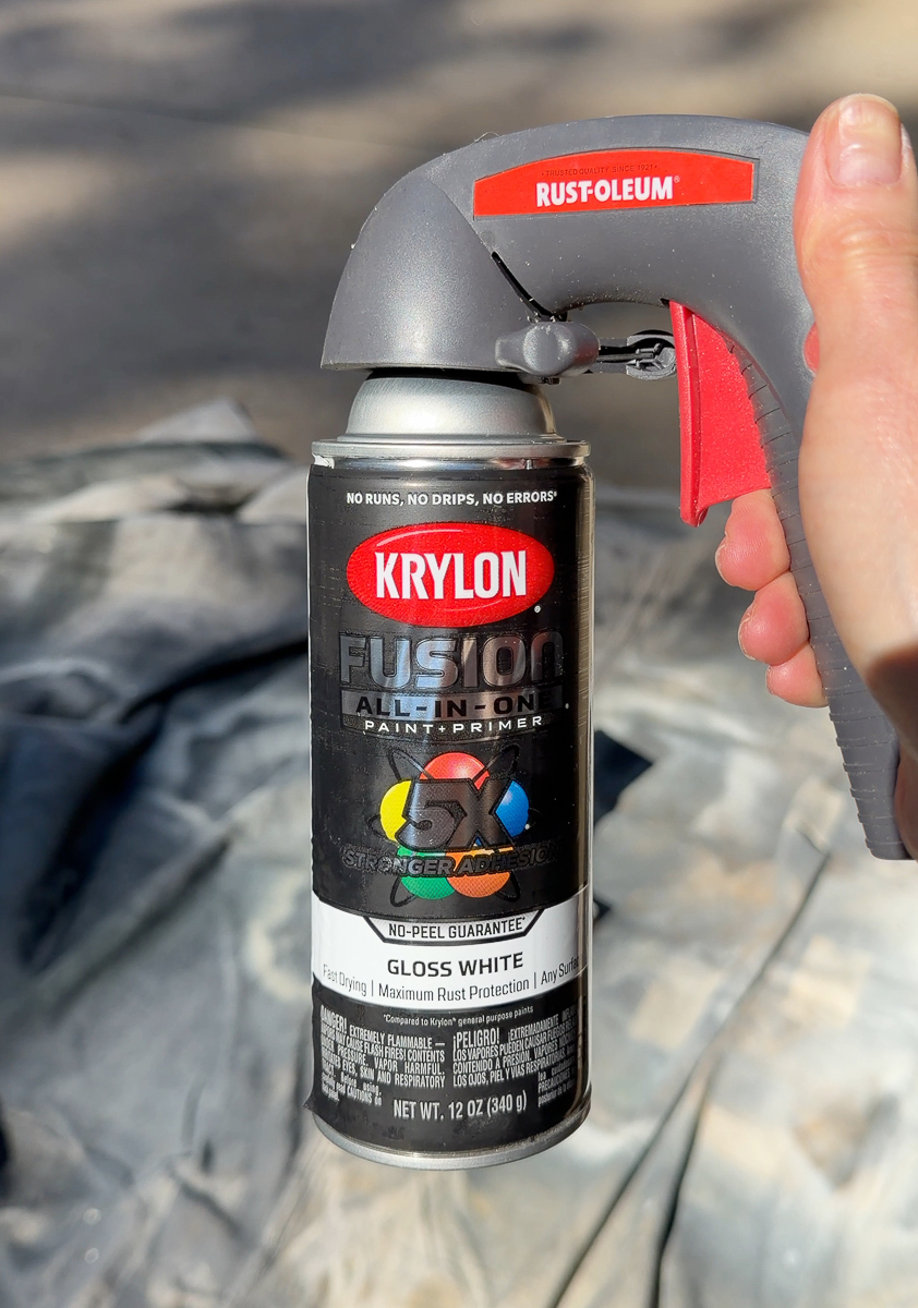 Gloss white Krylon Fusion spray paint used to update a thrifted ceramic urn.