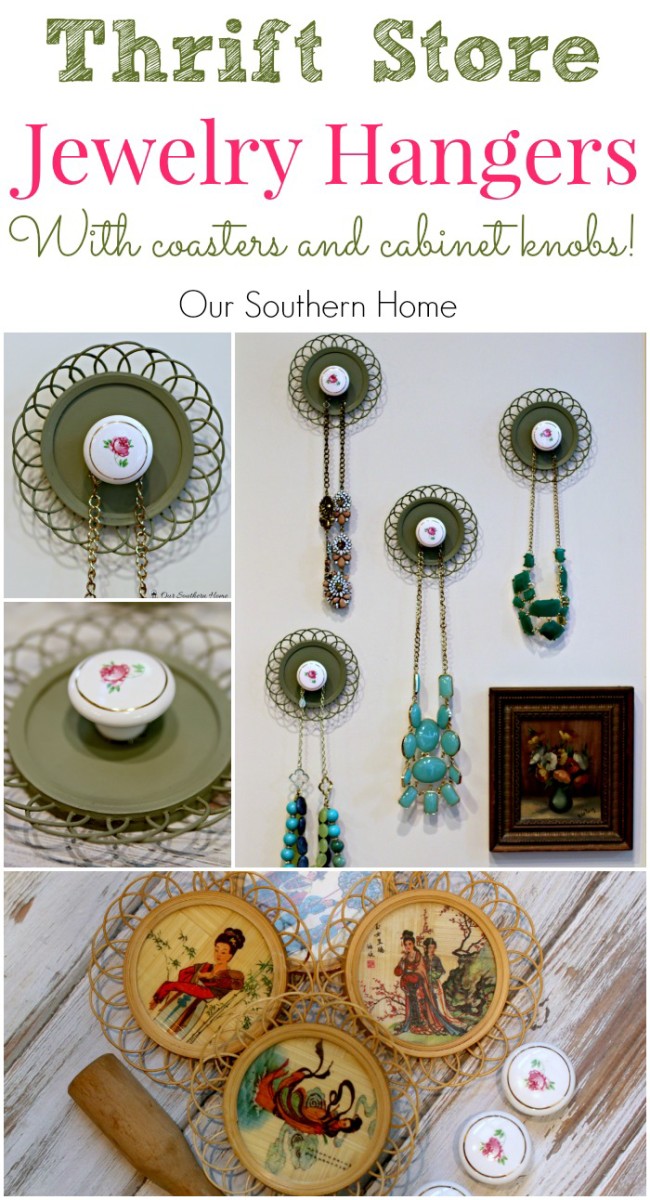 Jewelry Hangers made with coasters and cabinet knobs from a thrift store by Our Southern Home #SwapItLikeItsHot