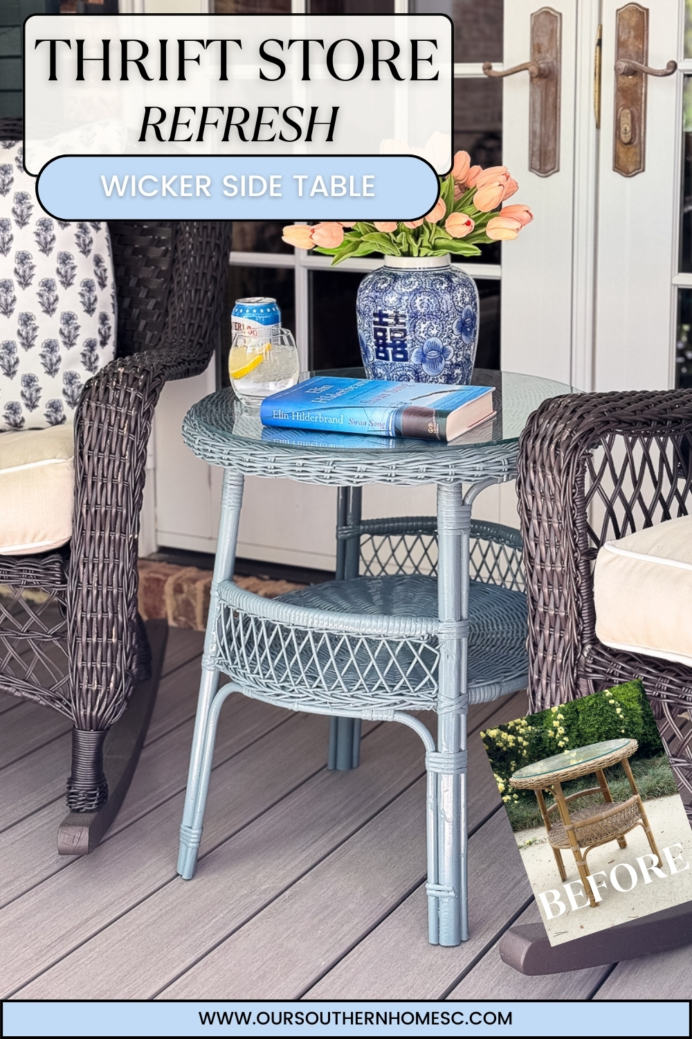 wicker furniture with text overlay