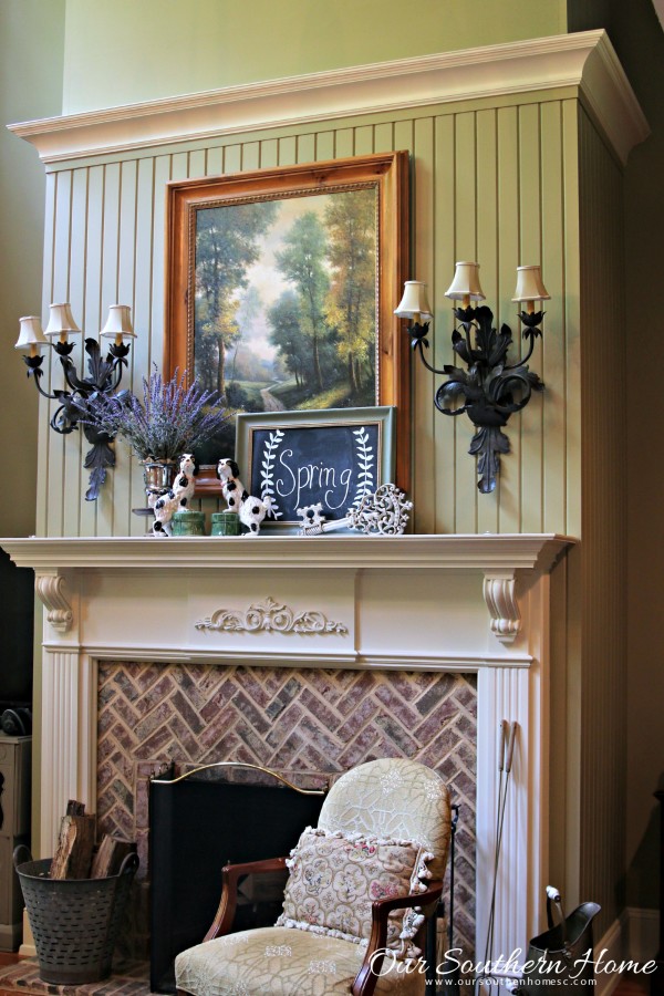 Spring mantel with thrift store finds by Our Southern Home