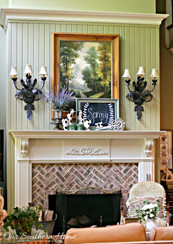 Spring mantel with thrift store finds by Our Southern Home