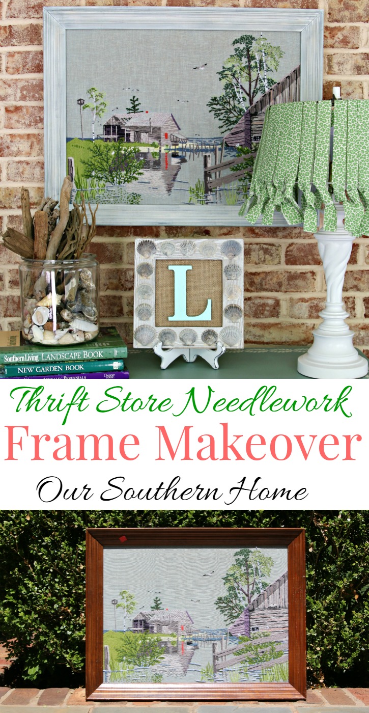 Thrift store needlework art become a showpiece on the screened porch with a new finish to the frame.