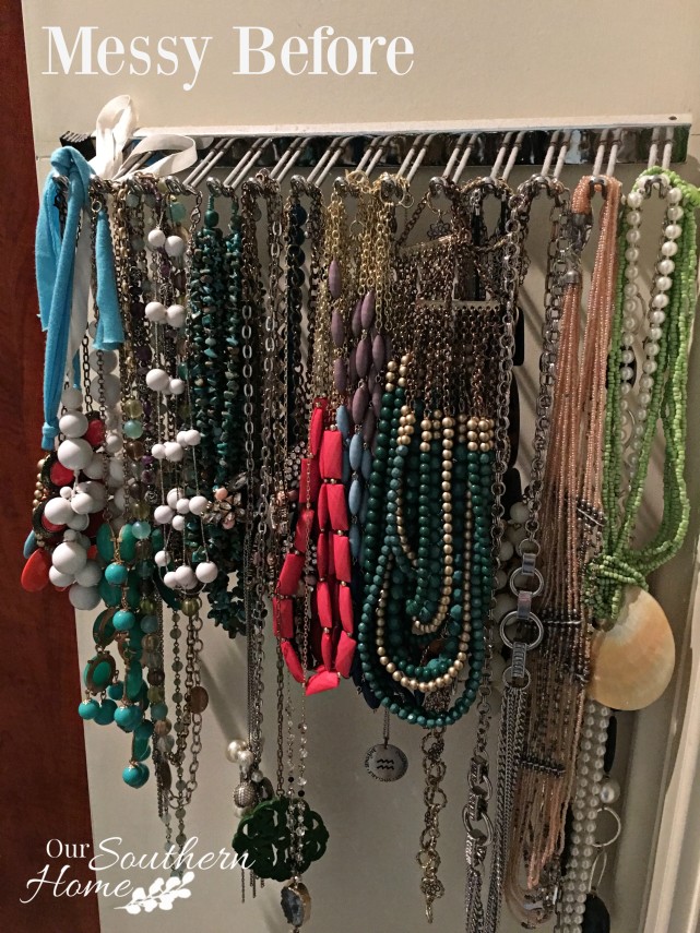 Before photo: What a cool idea! Old thrift store shutters are perfect to organize your jewelry. Our Southern Home has all the details!