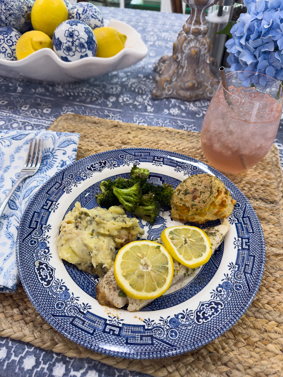 tilapia, potatoes and broccoli
