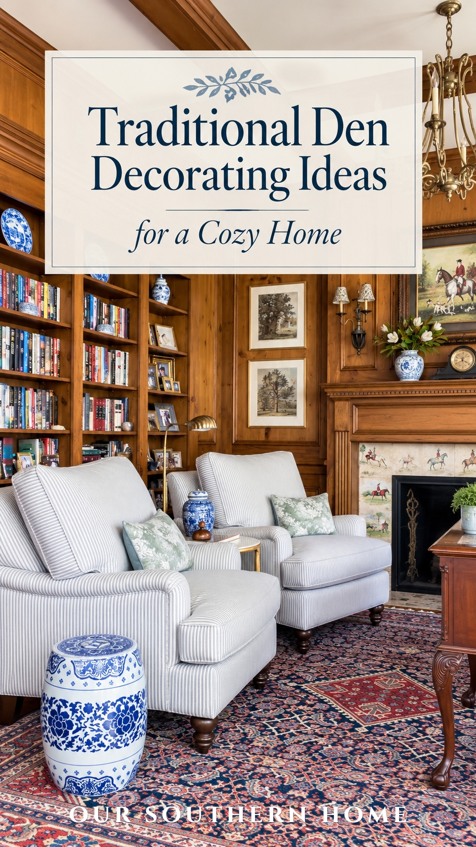 Traditional cozy den with striped reading chairs, wood-paneled walls, built-in bookcases, patterned rug, fireplace, and blue and white decor.