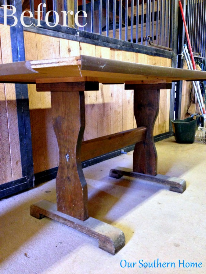 Thrift store trestle table makeover with a new stained top and chalk paint by Our Southern Home