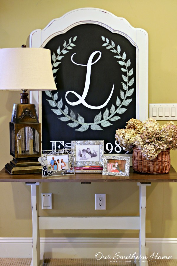 Thrift store trestle table makeover with a new stained top and chalk paint by Our Southern Home