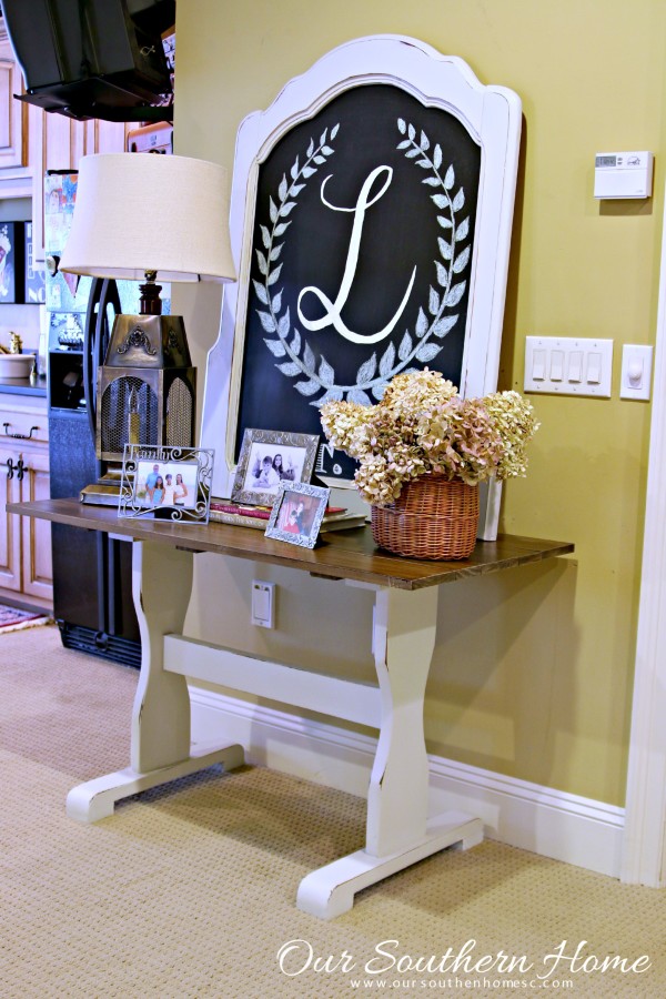 Thrift store trestle table makeover with a new stained top and chalk paint by Our Southern Home