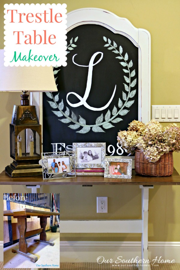 Thrift store trestle table makeover with a new stained top and chalk paint by Our Southern Home