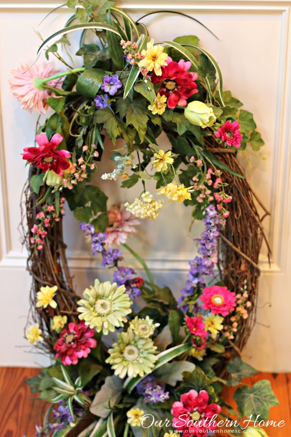 Beautiful upcycled spring wreath with a little bit of new and a lot of old by Our Southern home