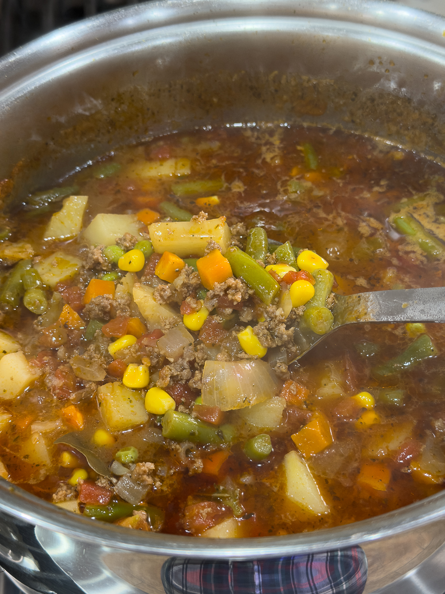 Pot of vegetable beef soup with potatoes, carrots, and green beans