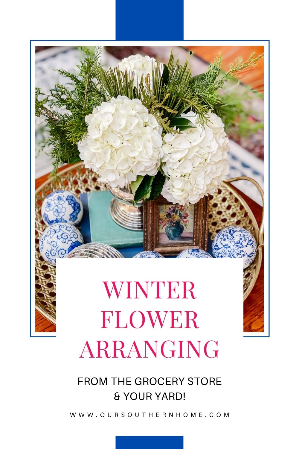 winter flower arranging with blue and white accents
