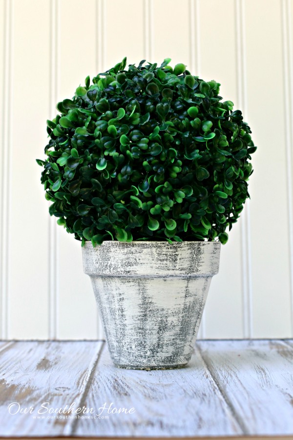 Make an inexpensive centerpiece by applying  a weathered paint treatment to clay pots to create a striking topiary by Our Southern Home