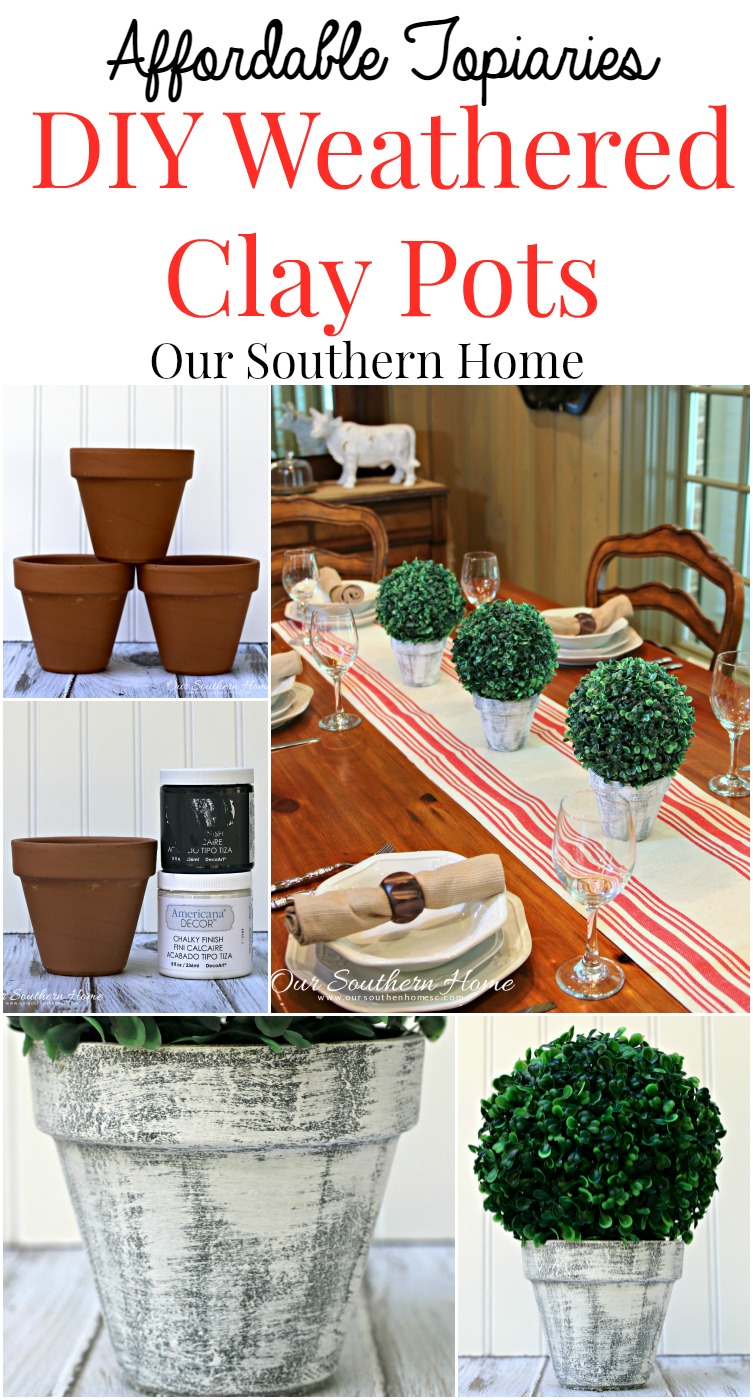 Make an inexpensive centerpiece by applying a weathered paint treatment to clay pots to create a striking topiary by Our Southern Home