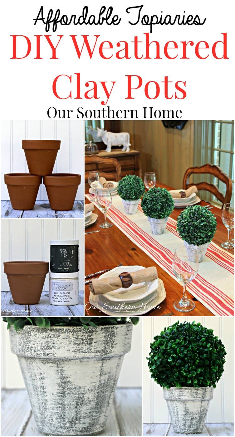 Make an inexpensive centerpiece by applying  a weathered paint treatment to clay pots to create a striking topiary by Our Southern Home