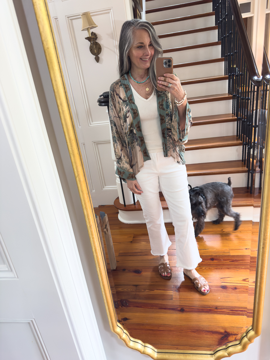white jeans with kimono